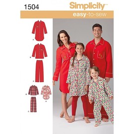 Simplicity 1504 Child's, Teen's and Adult's Matching Pajama Sewing Patterns, Children's Sizes XS-L and Adult's Sizes XS-XL