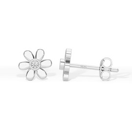 Heather Needham Silver Flower Stud Earrings with Centre Cubic Zirconia in Rhodium Plated Sterling Silver - Flower Earrings - 8mm x 2.1mm thick - Gift Boxed 092