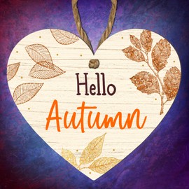 "Hello Autumn" Beige Hanging Heart Plaque - Elegant Fall Leaf Design with Glitter Effect – Perfect Seasonal Home Décor for Autumn Celebrations – Indoor Decoration for Living Room, Kitchen, or Gifting