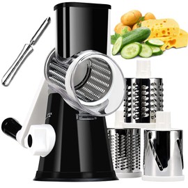 KEOUKE Rotary Cheese Grater with Handle Vegetable Cheese Shredder Slicer Grater for Kitchen 3 Changeable Blades for Cheese Potato Zucchini Nuts Chocolate - Black