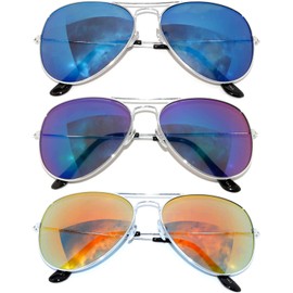 Aviator Sunglasses Metal Frame Silver Color with Mirror Lens 2Blue, 1Red