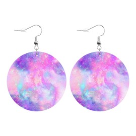 Swono Marbled Galaxy Print Round Faux Leather Earrings for Women Pink Purple Blue Watercolor Fantasy Magic Abstract Sky Unicorn Pastel Lightweight Double-Side Printed Drop Dangle Earring for Gift