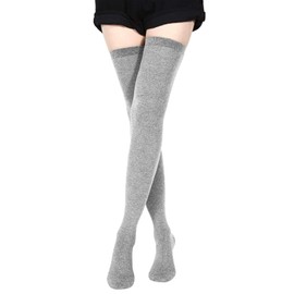 Women's Thigh High Socks, 80cm Extra Long Over Knee Cotton Leg Warmers Stocking, Anti-Slip Thick Striped Tall Long Boots Sock (Grey, One Size)