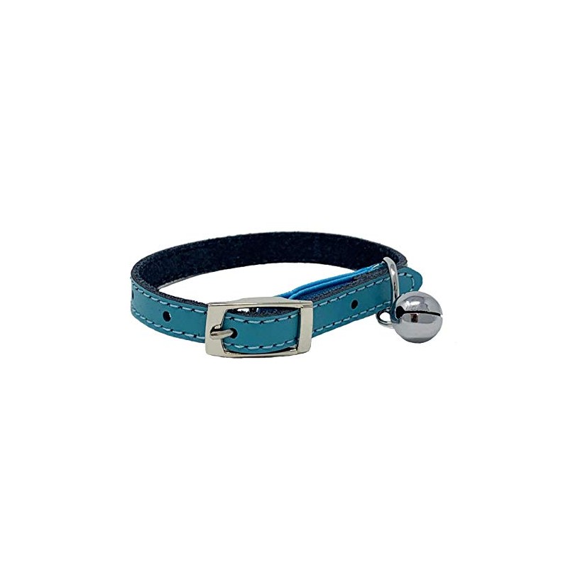 Cat Collar Real Leather with Safety Elastic, Bell, Available (Blue)