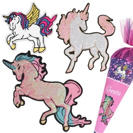 BOFUNX 3 Pieces Unicorn Patches School Cone Large Unicorn Sew-On Sequins Patches Glitter Iron-On Patch Children Iron-On Patches for School Cone School Bag Clothing