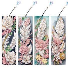 MVVMTOP 4pcs 5D Diamond Art Painting Bookmarks with Crystal Pendant, DIY Feather & Flower, Pecial Shape Crystal Diamond Partial Art Bookmarks for Book Lovers