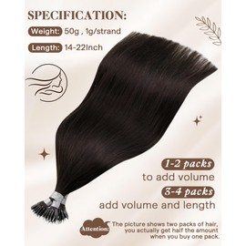 Hetto Nano Link Hair Extensions Human Hair Brown Nano Loop Hair Extensions Real Hair Pre Bonded Nano Tip Hair Extensions 20Inch #2 Darkest Brown 50 Strands 50g