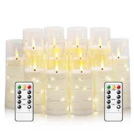 Sasigeiaa Flameless Candles with Embedded Star String - Battery Operated LED Candles, with Remote,12 White Flickering Candles for Christmas, Weddings, Home Decor & Party,(D 2.3"×H 5" 6" 7")