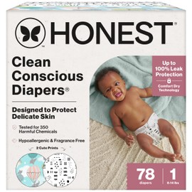 The Honest Company Clean Conscious Diapers for Delicate Skin | Up to 100% Leakproof | Hypoallergenic, Fragrance Free | Gender Neutral | Club Box, Size 1 (8-14 lbs), 78 Count (Prints May Vary)