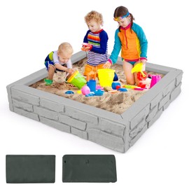 HONEY JOY Sandbox with Cover, 47x47 Inch Square Sand Pit for Backyard, Bottom Drainage Oxford Liner, HDPE Playful All Weather Resistant Sand Boxes for Kids Outdoor with Lid (Gray)
