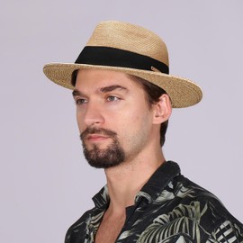 FREEBIRD99 Unisex Wide Brim Straw Panama Fedora Hat Summer Beach Sun Hat for Men Women (CA/US, Numeric, 7, 7 1/4, Khaki/Black)