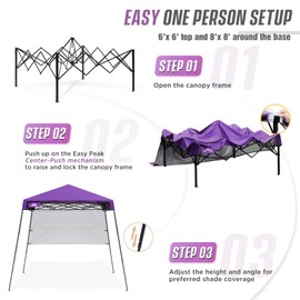 EAGLE PEAK 8x8 Pop Up Canopy Tent with Sidewall, Compact, Portable Slant Leg Instant Sun Shelter for Beach, Sports, & Camping, 8x8 Base 6x6 Top, Purple