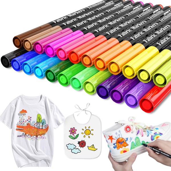 24 Textile Pens Machine Washable and 7 Stencils - Textile Markers Fabric Paints Washable Permanent Fabric Colouring Pens for T-shirt Jute Bag Fabric Bag for Painting Bib Children's Birthday Baby
