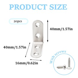 CEEYSEE Pack of 20 Stainless Steel Angle 40 x 40 mm Bracket L-shaped Bracket 90 Degree Stainless Steel Angle Connector with 80 Pieces Screws for DIY Projects Furniture Table Bookshelf Attachment Angle