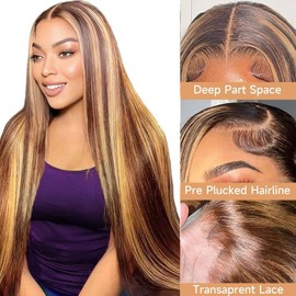 20 inch 13x6 Ombre Highlight Lace Front Wig Human Hair 4/27 Colored Straight Human Hair Wigs HD Transparent Lace Frontal Wigs Pre Plucked with Baby Hair 180% Density
