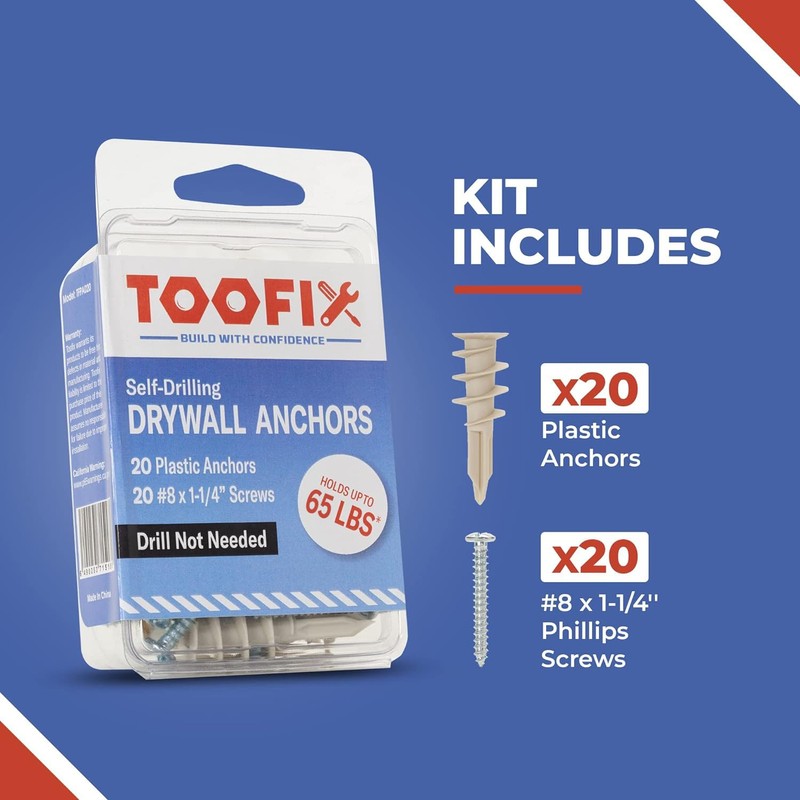 Toofix Self Drilling Drywall Plastic Anchors with Screws Kit (20