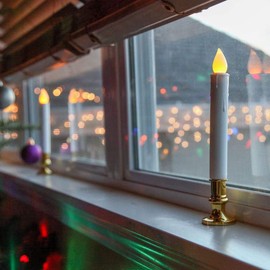 Wondise White Flameless Window Taper Candles Battery Operated with Remote and Timer, Flameless Flickering Window Candles with Gold Holders and Suction Cups Christmas Window Decoration(9”, Set of 8)