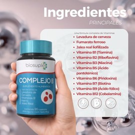 BIOSUPLE Complejo B 90 Cápsulas | Vitaminas del Complejo B con Jalea Real, Hierro y Levadura de Cerveza | Apoyo Energético Diario | Suplemento Aliment