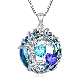 TOUPOP s925 Sterling Silver Family Tree of Life Pendant Necklaces with 2 Heart Birthstone with Crystal Chain Jewellery Birthday Christmas Gifts for Women Her, Sterling Silver, Cubic Zirconia