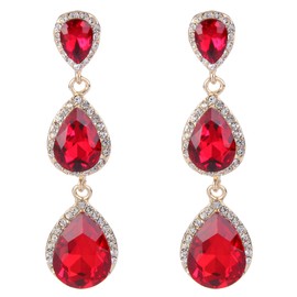 Clearine Women's Gorgeous Small to Large Triple Teardrop Crystal dangle Pierced Earrings Ruby Gold-Toned