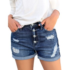luvamia Women's Casual Button Fly Cuffed Hem Denim Jean Shorts Charleston Boom Blue Size Large