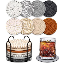Absorbent Coasters Set of 8, Cotton Drink Coasters with Holder, 8-Color Woven Cup Coasters for Coffee Table, Home Décor, Bar, Housewarming Gift, 4.17 Inch