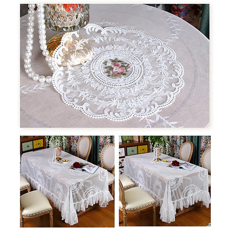 Vintage White Lace Tablecloth with Flowers, Embroidered Ruffles Square Table