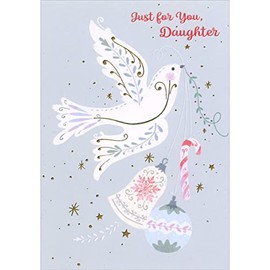 Designer Greetings Dove Carrying Blue Branch, Candy Cane and Bell and Globe Ornaments Religious Christmas Card for Daughter