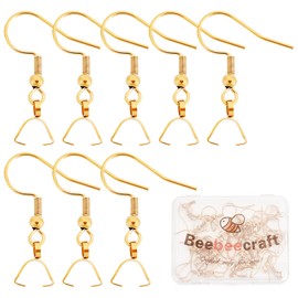 Beebeecraft 30pcs/box earring hooks with clamp loop, 18K gold-plated stainless steel, French wire, ball hook with pendant clasp for jewellery making earrings