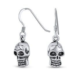 Biker Jewelry Dangling Pirate Skull Earrings .Unisex Style for Men, Women, Bikers, Punk Rockers, Teens Crafted from .925 Sterling Silver Fish Hook
