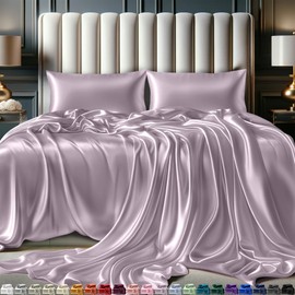 DECOLURE Satin Bed Sheets - 4 Piece Luxury Silky Full Size Bedding Set - Softer Than Silk, Wrinkle-Free with 15” Deep Pocket Fitted Sheet, Perfect for Hair & Skin, Gifts for Women (Lavender)