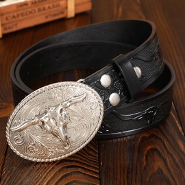 WHIPPY Western Belt for Men Women Cowgirl Cowboy Belts Tooled Embossed Leather Belt Bull Buckle Belt Country Belt for Jeans Black M