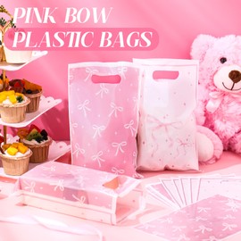 Feifeiya 50 Pcs Pink Bow Plastic Gift Bags with Handle 9.84 x 6.5 In Cute Coquette Bow Party Favor Bags bulk Pink Candy Goodie Bag for Birthday Wedding Party Supplies(Pink)