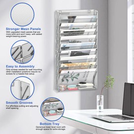EasyPAG Wall File Holder 10 Tier Mesh Hanging Folder Organizer with Flat Tray Wall Mounted Mail Organizer Magazine Paper Desk Shelf with Nametag Label for Office Home School, Silver
