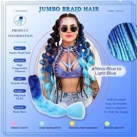 Ombre Braiding Hair 24 Inch Synthetic Hair Extensions for Braiding 3Pack/Lot Pre Stretched High Temperature Crochet Braiding Hair (#B45 Navy Blue to Blue)