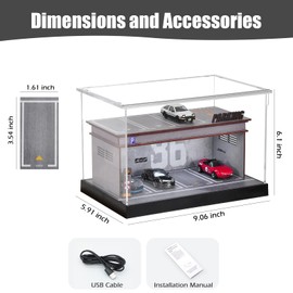 cxiiuui 1/64 Mini Car Storage Display Case, Double Layer Car Model, Wooden Storage Case, LED Lighting, Clear Acrylic Cover, Collection Case, 11 Parking Spaces, Birthday Gift, Gray