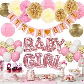 Gender Reveal Baby Shower Babyparty Dekoration Luftballon Mädchen Rosa Weiß Luftballons mit Its a Girl Banner Baby Girl Folienballon für Babydusche Gender Reveal Party Deko