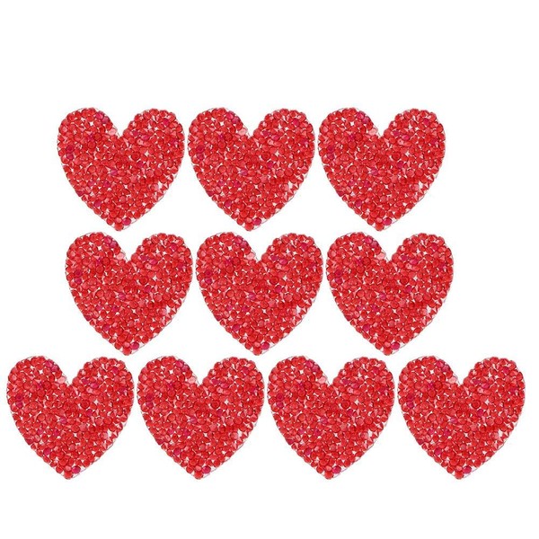 10Pcs Heart Rhinestone Applique, 4cm Glitter Crystal Rhinestone Iron on Patches for Shoes Bags Hats Clothes Jacket Jeans Decoration(Red)