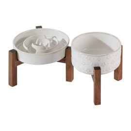 Havniva Ceramic 1.2 Cup Raised Slow Feeder Dog Bowl Set, Elevated 6.1inch Bowl and 7.3inch Dish with Acacia Wood Stand for Small and Medium Dog(2 x Reactived Glaze -White+ Stand)