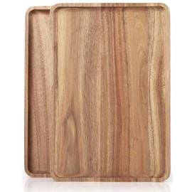 2 PCS Solid Acacia Wood Serving Trays 16 * 12 inch Rectangular Wooden Serving Platters Natural Wooden Boards for Bar Coffee Party（Wood Log Color）