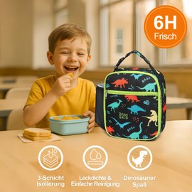 Bagseri Insulated Lunch Bag for Kids - Cute Cool Bag for Boys with Bottle Holder, Leakproof Lunch Box Waterproof Lunch Bag for Picnic Schools Black Dinosaur