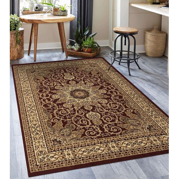 LUXE WEAVERS Brighton Collection 1467 Rectangle Burgundy 4x5 Oriental Floral Border Medallion Area Rug