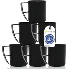 idea-station Plastic Camping Cups Set of 6 x 350 ml - Matte Black - Shatterproof Plastic Coffee Cups - Ideal Plastic Cups with Handle for on the Go