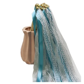 Qiantull 10 x Wedding Wands Wedding Sticks with Bells and Lace Ribbon Fairy Sticks Ribbon Glitter Magic Wands Wedding Streamers Magic Wands Lace Fairy Stick for Wedding, Birthday, Party Blue