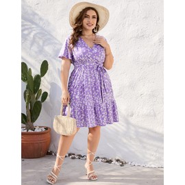 KOJOOIN Women Plus Size V Neck Wrap Dress High Waisted Short Sleeves Summer Casual Midi Dress with Belt Purple Flower 2XL