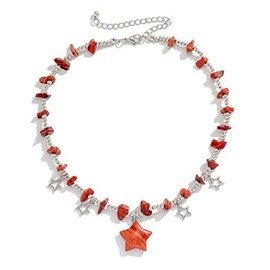Cute Star Shape Pendant Colorful Crystal Stone with Beads Chain Choker Adjustable Punk Gothic Y2K Necklace Sweet Cool Birthday Friendship Jewelry for Women-red