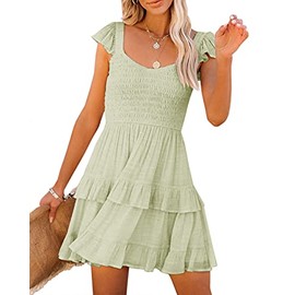 Women Summer Dresses Casual Boho Smocked Ruffles Sun Beach Babydoll Mini Dress Layered Flowy Swing Casaul Dress A-Light Green