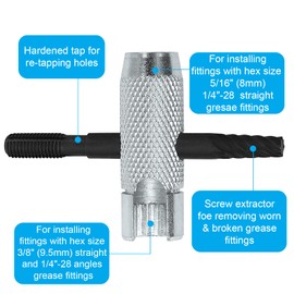 NOVINO NOVINO Grease Zerk Tool,4 Way Zerk Grease Fittings Removal Tool Fit 1/4"-28 SAE,1/8"-NPT,M10x1 M8x1 and Hex Size 3/8" 5/16" 7/16" for Remove Install Rethread Damaged Fitting