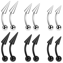 BodyAce 12PCS Spike Rook Earrings Tragus Piercings, Black Spike Eyebrow Bars Curved Barbell Cartilage Helix Rings, Stainless Steel Studs Lip Bars Body Jewellery (Bar Length:10mm)