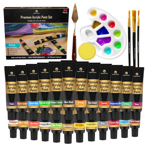 Desire Deluxe Acrylic Paint Set School Art Supplies for Artist – 30pc Craft Kit for Rock, Wood, Ceramic, Canvas, Paper & Fabric – Include Mixing Knife, Sponge, Palette and 3 Sizes Premium Brushes